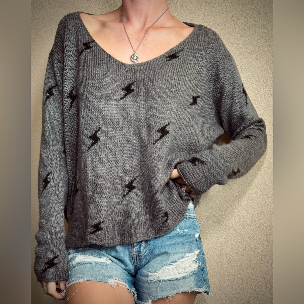 Wooden Ships Wool Charcoal Grey Black Lightening Bolt Boat Neck Sweater XS